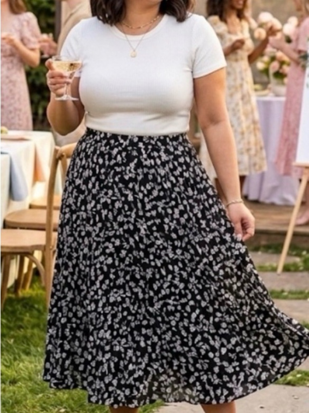 Cynthia Rowley Black Midi Skirt with White Floral Print
